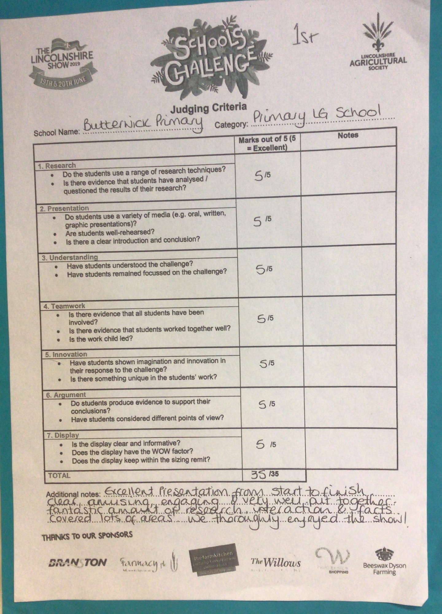 Schools Challenge score sheet