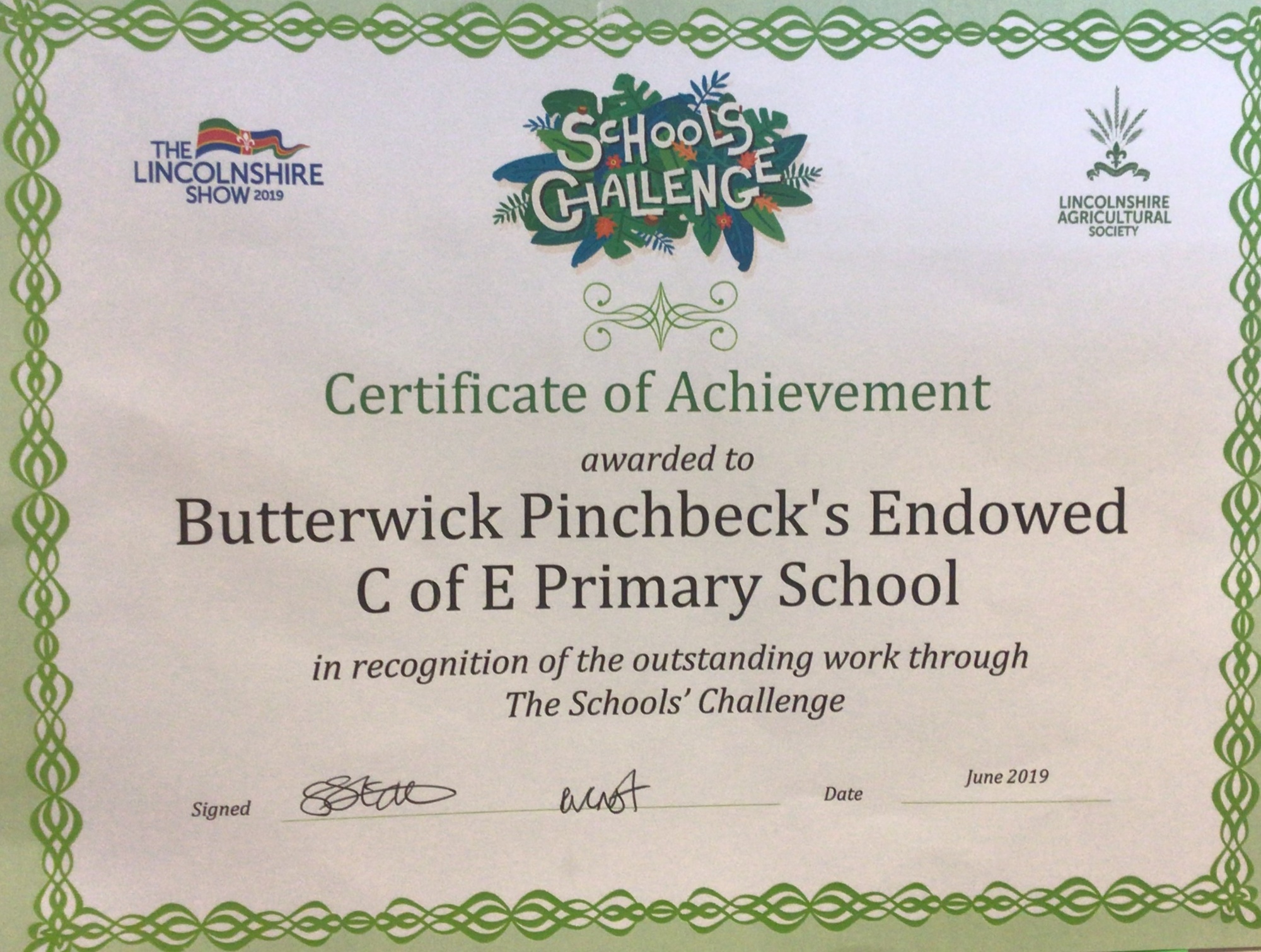 Schools Challenge certificate