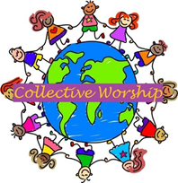 Collective Worship logo with children holding hands around the world
